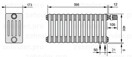 Схема (чертеж) Радиатор Zehnder Charleston 5040/13 №V002 Белый глянцевый RAL 9016